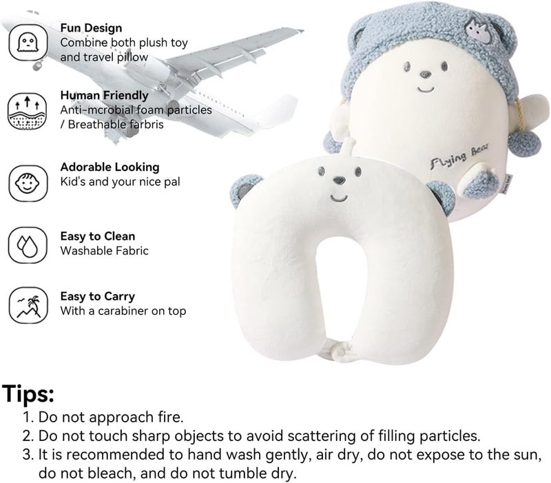 stocaggio Kids Travel Pillow - 2-in-1 Deformable Kids Neck Pillow for Traveling, Soft U-Shaped Pillow with Adorable Animal Design, Comfy Sleep and Play, Ideal for Airplanes and Cars - Blue Bear - Image 4